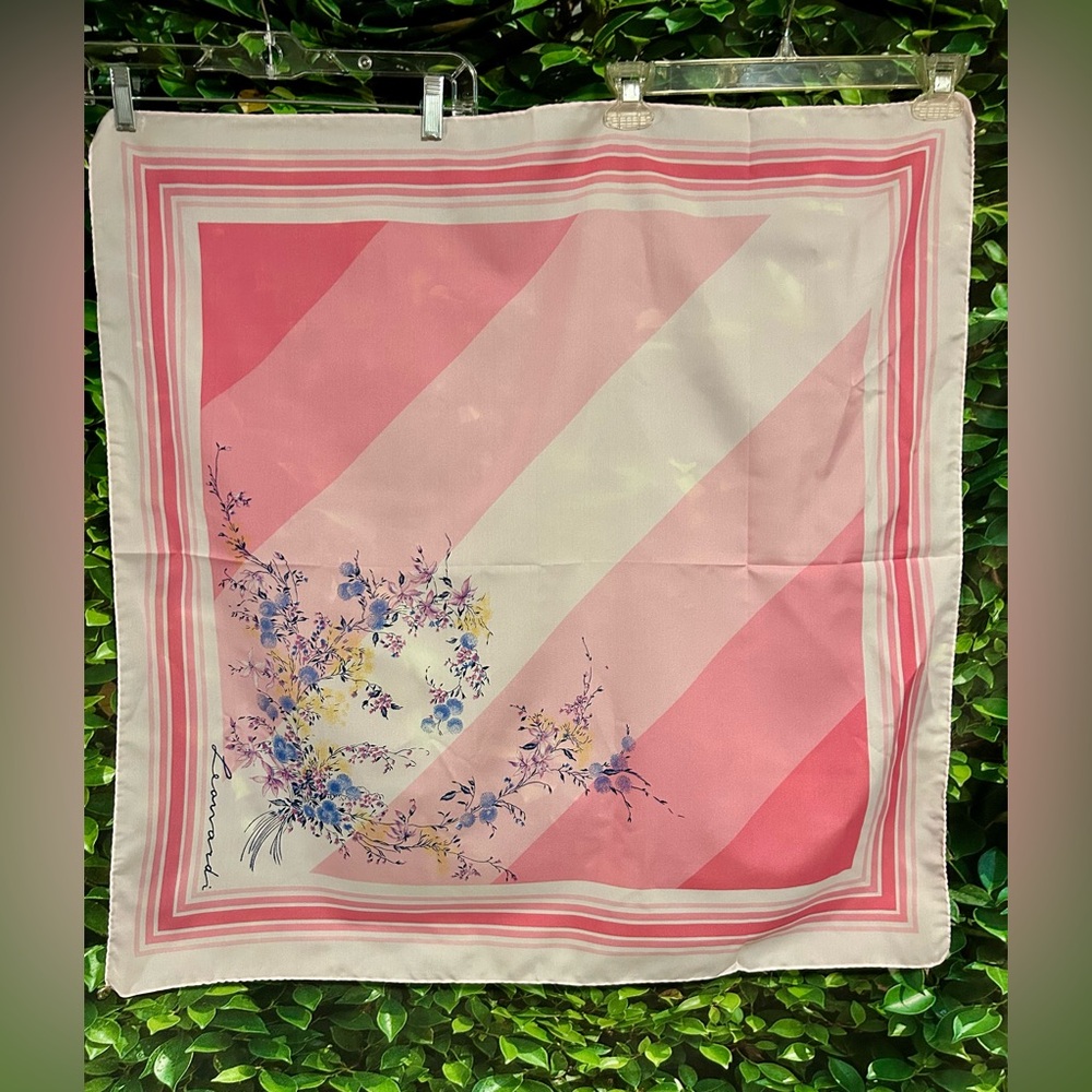 Vintage Leonard Polyester Floral Scarf Pink White Hand Rolled Square 30” x 31"